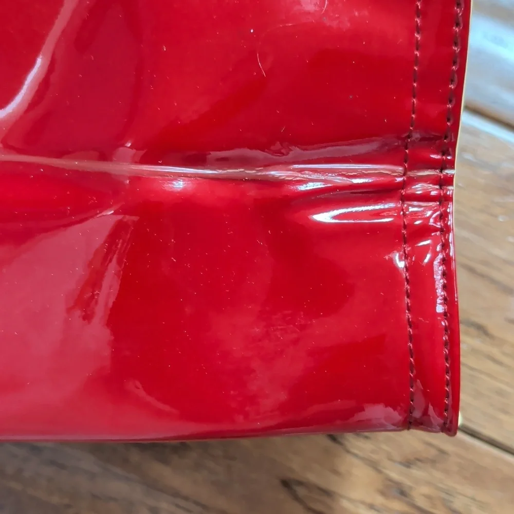 Tory Burch Ella Patent Red Yellow Perforated Tote Bag NEEDS WORK